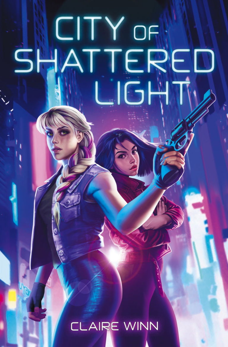 book cover: two girls stand in front of a neon cyberpunk city