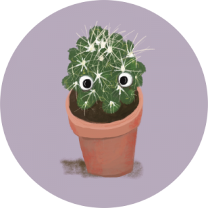 A drawing of a cute cactus with googly eyes on a purple background